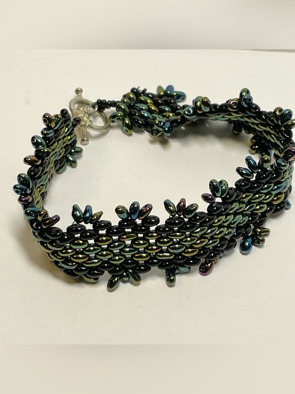 Artisan Woven Beaded Cuff Bracelet Peacock Iridescent Toggle Ogalala Lace 8.5”